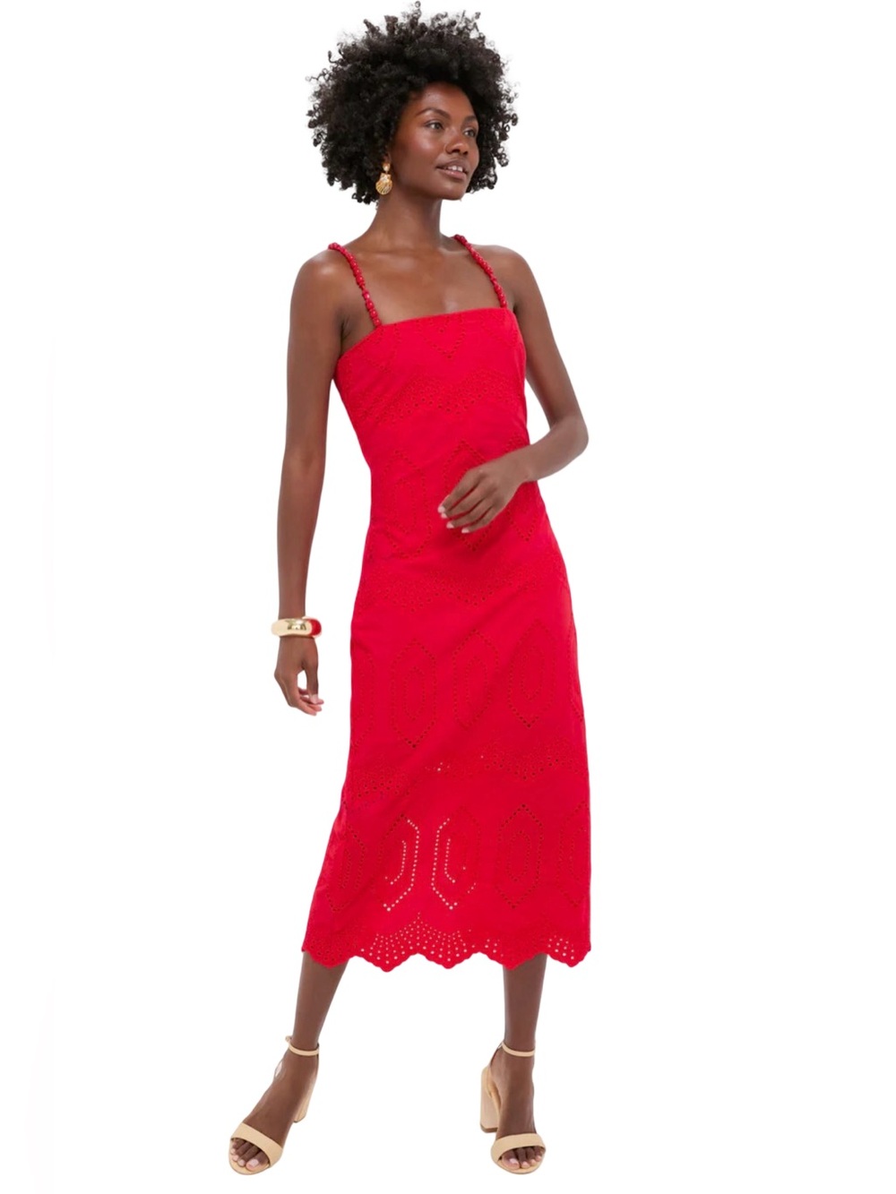 NWT Hyacinth House Red Eyelet Beaded Strap Midi Ibiza Dress Chic Summer Small - Picture 1 of 13